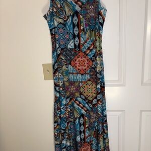 Attitudes by Renee Colorful Patchwork Sleeveless Flare Bottom Blues P Medium